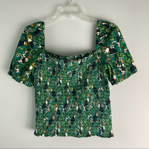 Anthropologie Dolan Toucan Print Smocked Puff Sleeve Top Green Medium - Picture 7 of 10